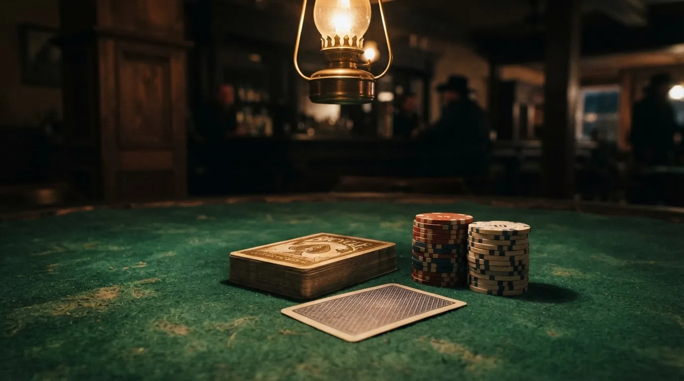 Kortlek och staplar av spelmarker på ett grönt filtbord i en dunkel salong, varmt lampsken — 10 euro casino i sverige