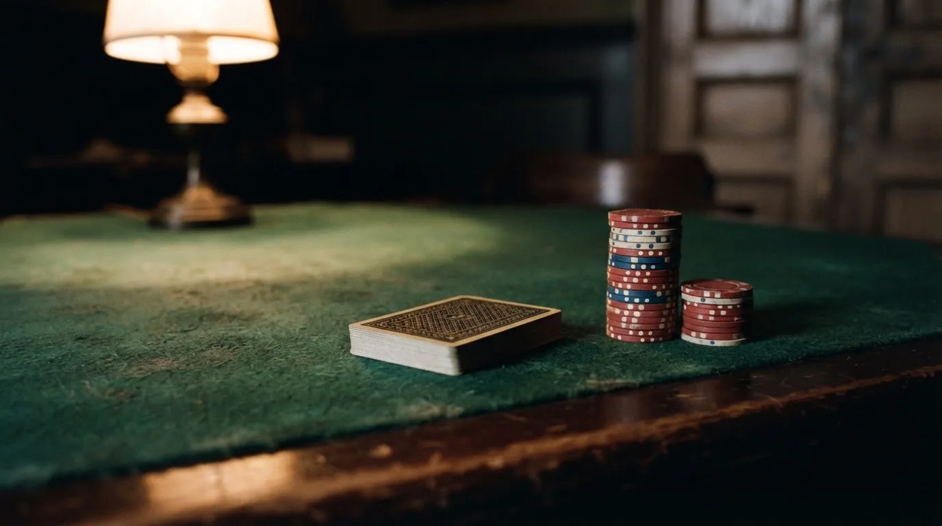 Kortlek och staplar av spelmarker på ett grönt filtbord i en dunkel salong, varmt lampsken — 10 free spins casino i sverige