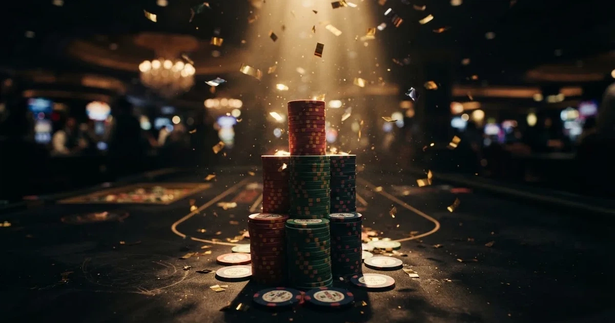 Guldkonfetti faller över spelmarker på ett svart bord, en ljuskägla träffar högens topp — 10 free spins casino i sverige