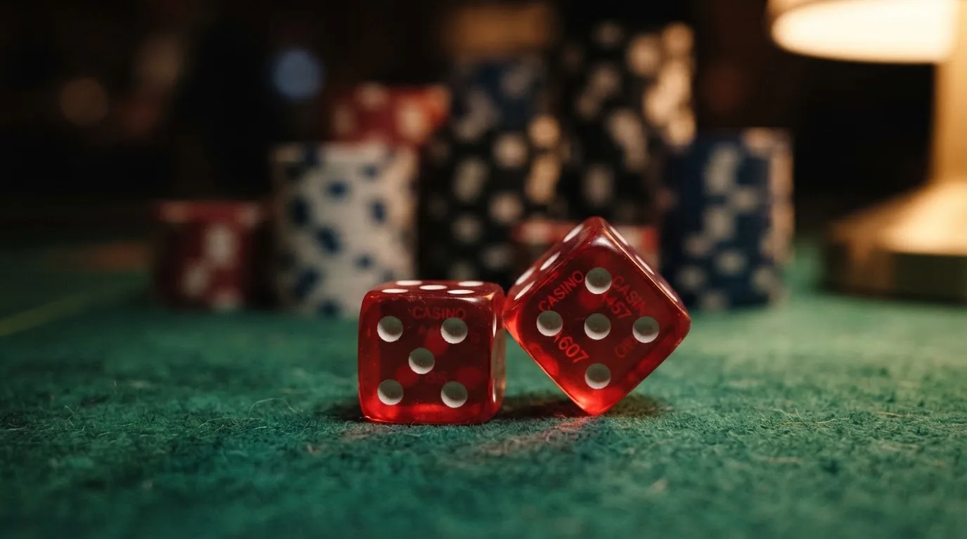 Röda tärningar vilar på grönt filt, bakom dem suddiga torn av spelmarker i kvällsdunklet — 10 kr casino i sverige