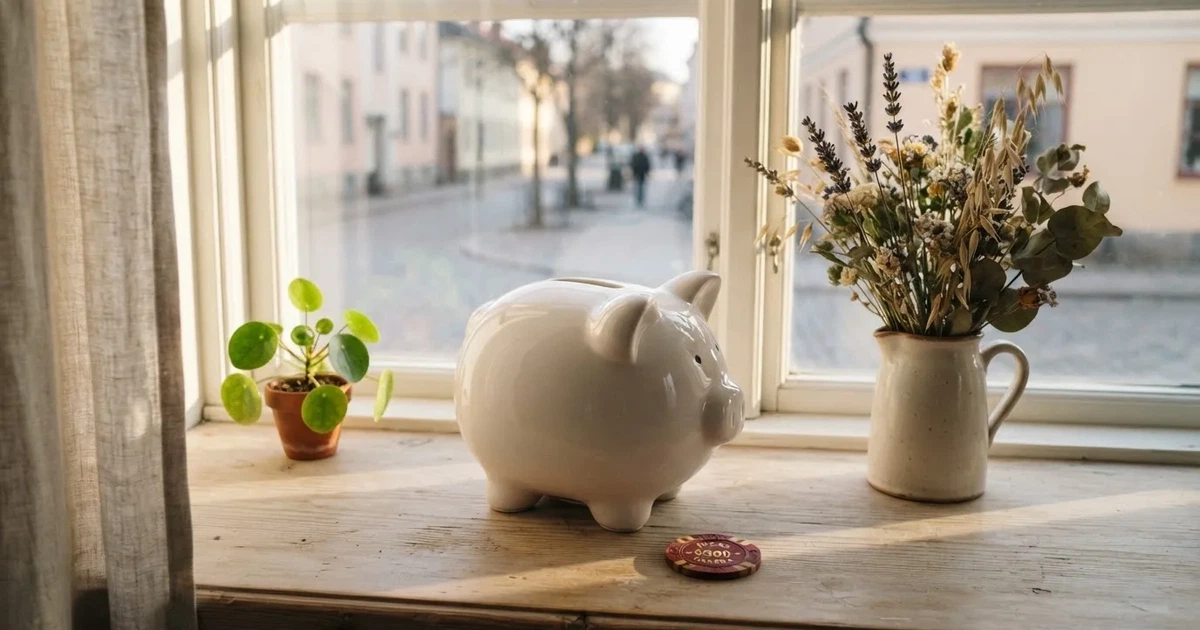 En porslinsgris på fönsterbrädan i morgonljus, bredvid en torkad blombukett och en grön växt — 10 kr casino i sverige