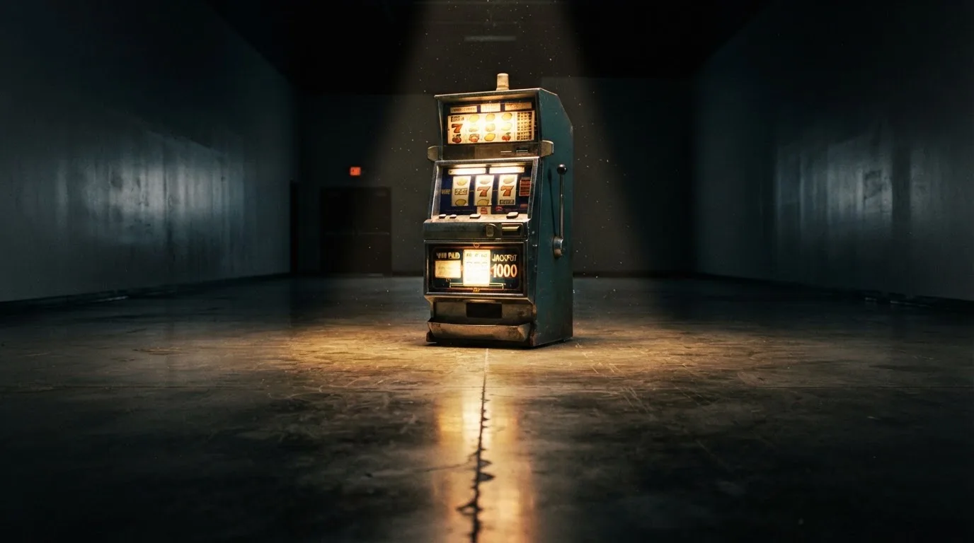 En gammal spelautomat lyser i den dunkla hallen och speglar sig i golvet — 100 free spins casino i sverige