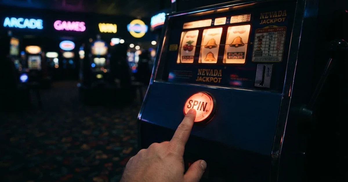 Ett finger trycker på spelautomatens klarröda knapp i dunklet, neonljus lyser runt omkring — 100 free spins casino i sverige