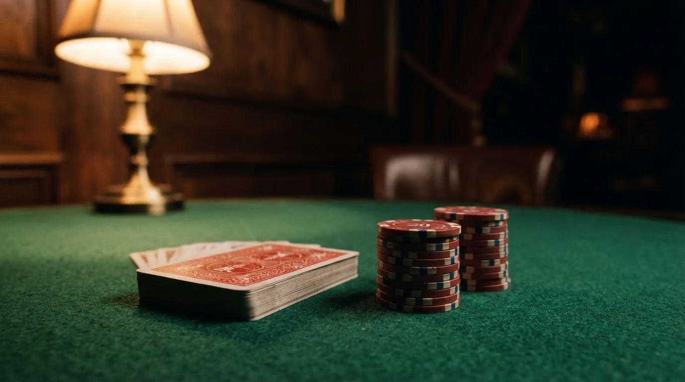 Kortlek och staplar av spelmarker på ett grönt filtbord i en dunkel salong, varmt lampsken — 150 free spins casino i sverige