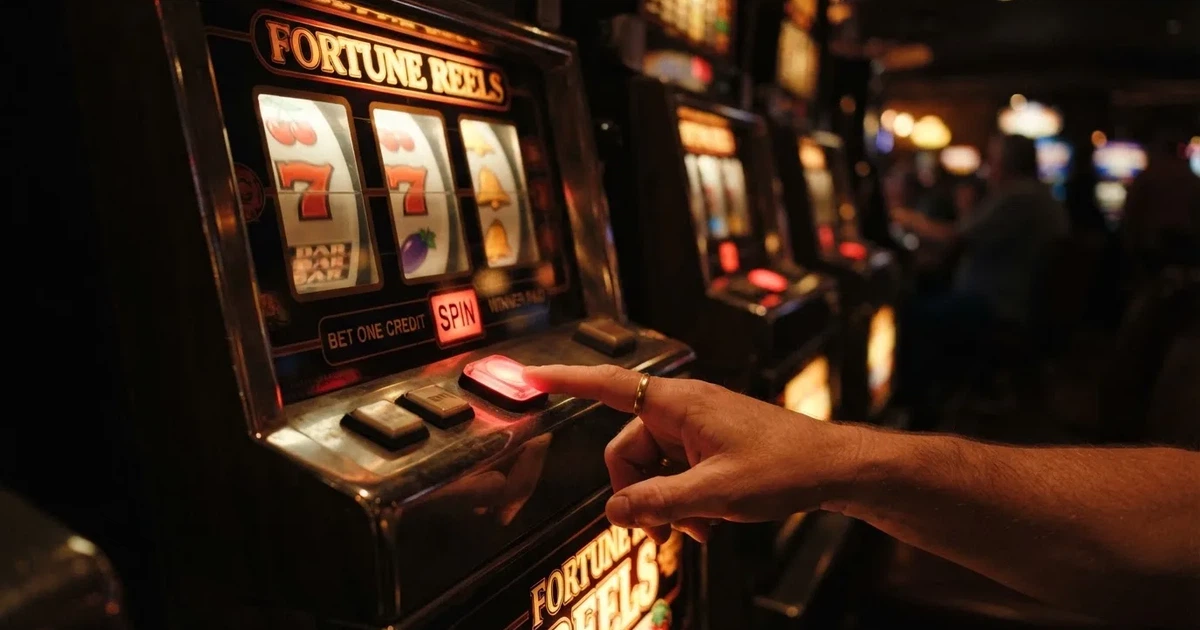 Ett finger trycker på spelautomatens klarröda knapp i dunklet, neonljus lyser runt omkring — 150 free spins casino i sverige