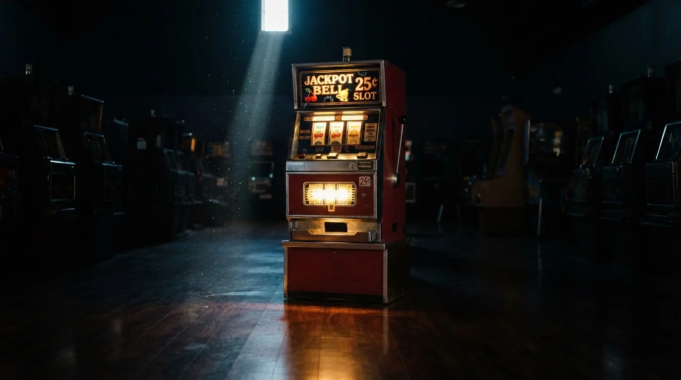 En gammal spelautomat lyser i den dunkla hallen och speglar sig i golvet — 150 kr casino i sverige