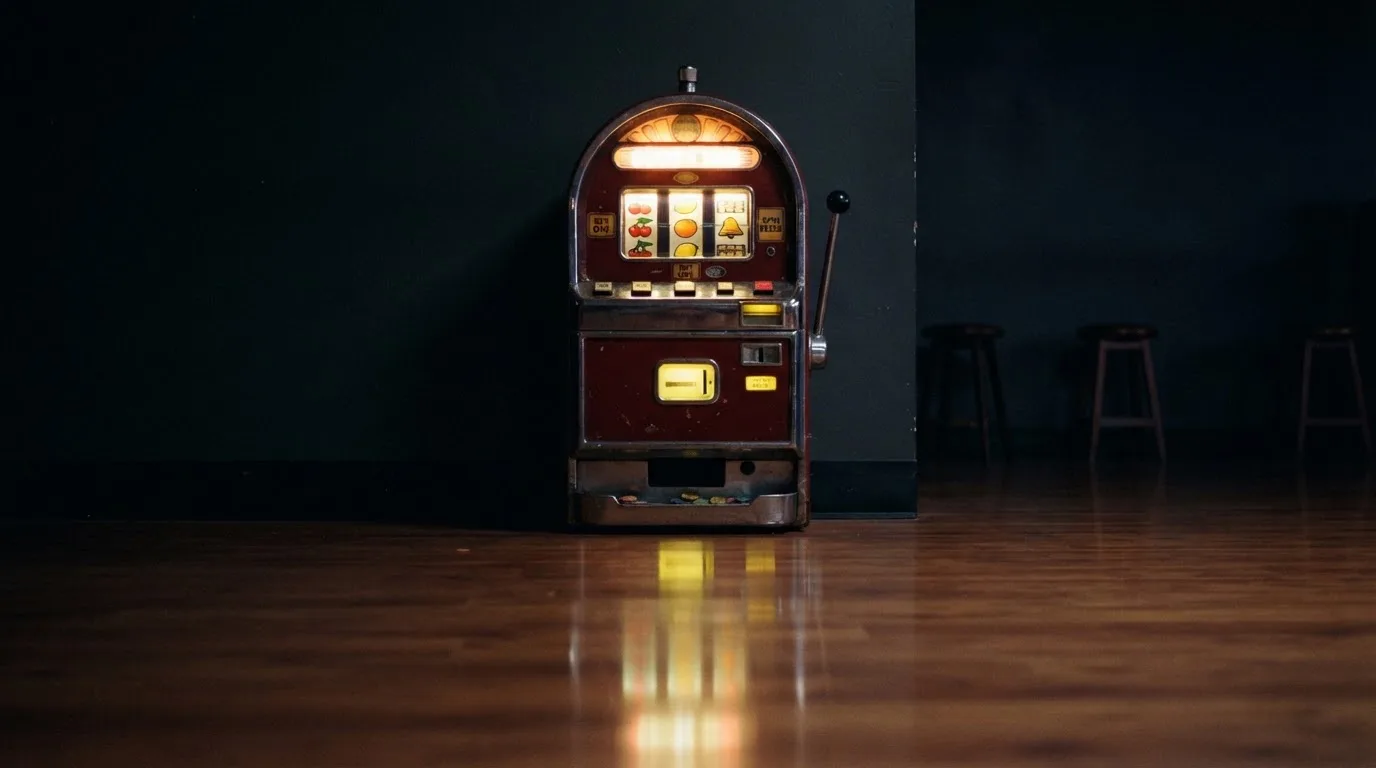 En gammal spelautomat lyser i den dunkla hallen och speglar sig i golvet — 20 euro casino i sverige