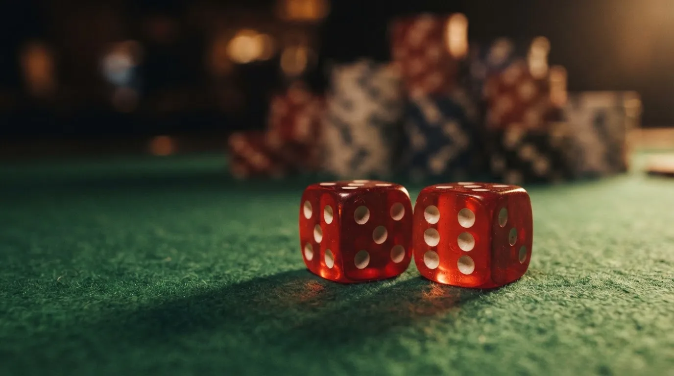 Röda tärningar vilar på grönt filt, bakom dem suddiga torn av spelmarker i kvällsdunklet — 20 free spins casino i sverige