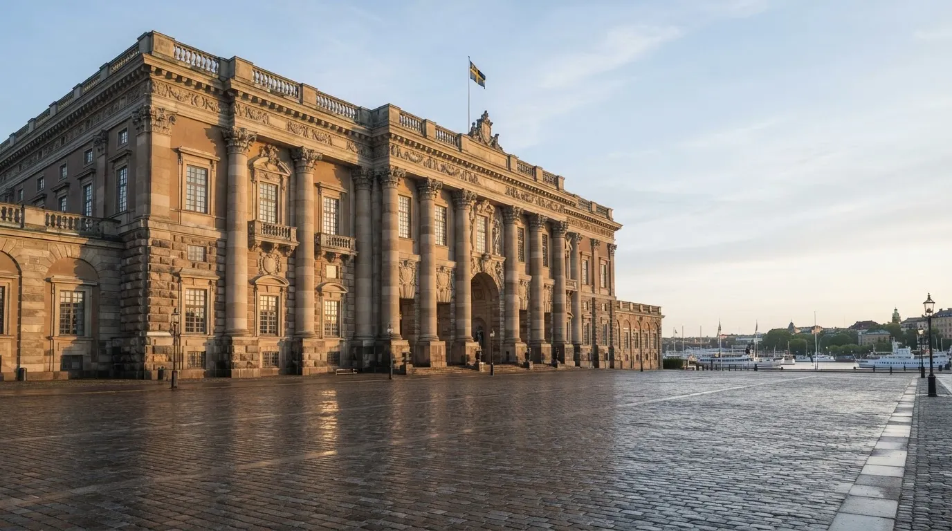 Stenfasad på en statlig byggnad i Stockholm vid gryning, höga pelare och ett tomt torg framför — 20 free spins casino i sverige