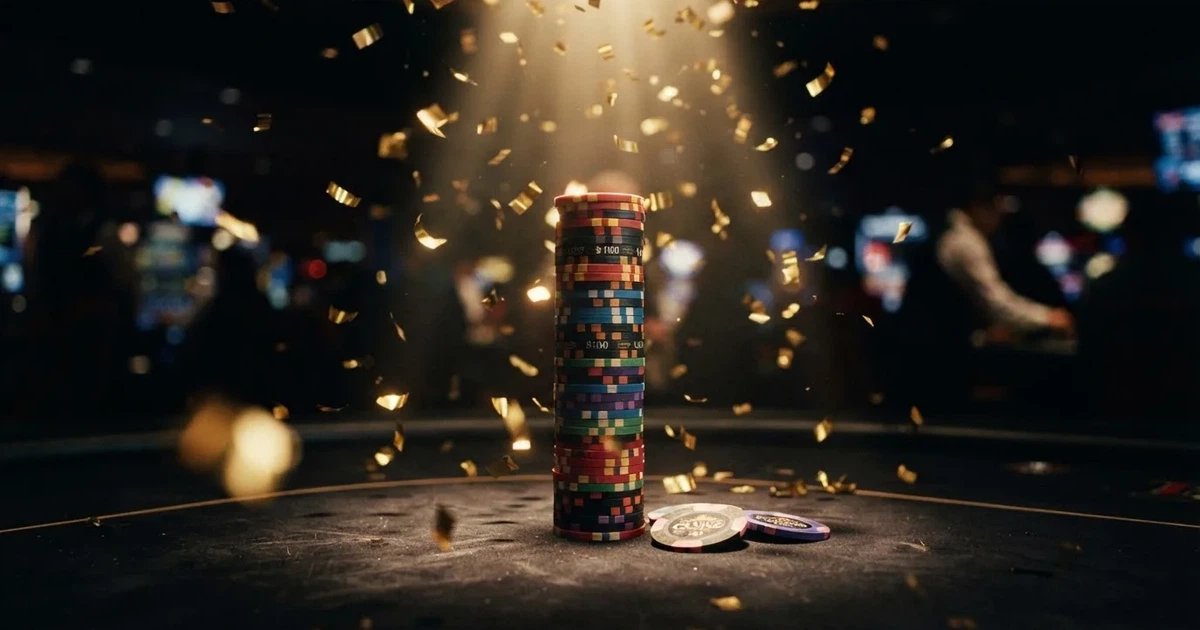 Guldkonfetti faller över spelmarker på ett svart bord, en ljuskägla träffar högens topp — 200 free spins casino i sverige