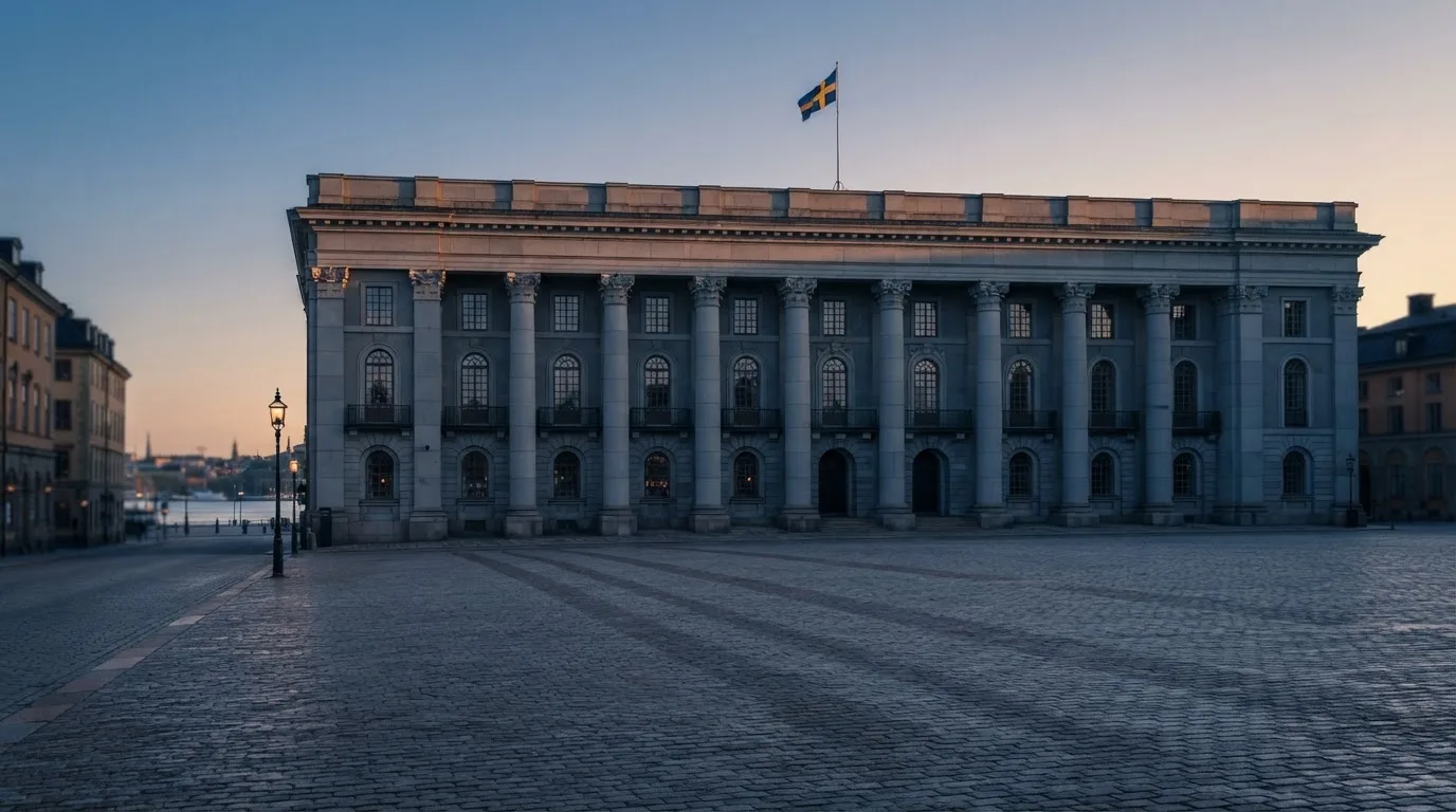 Stenfasad på en statlig byggnad i Stockholm vid gryning, höga pelare och ett tomt torg framför — 200 free spins casino i sverige