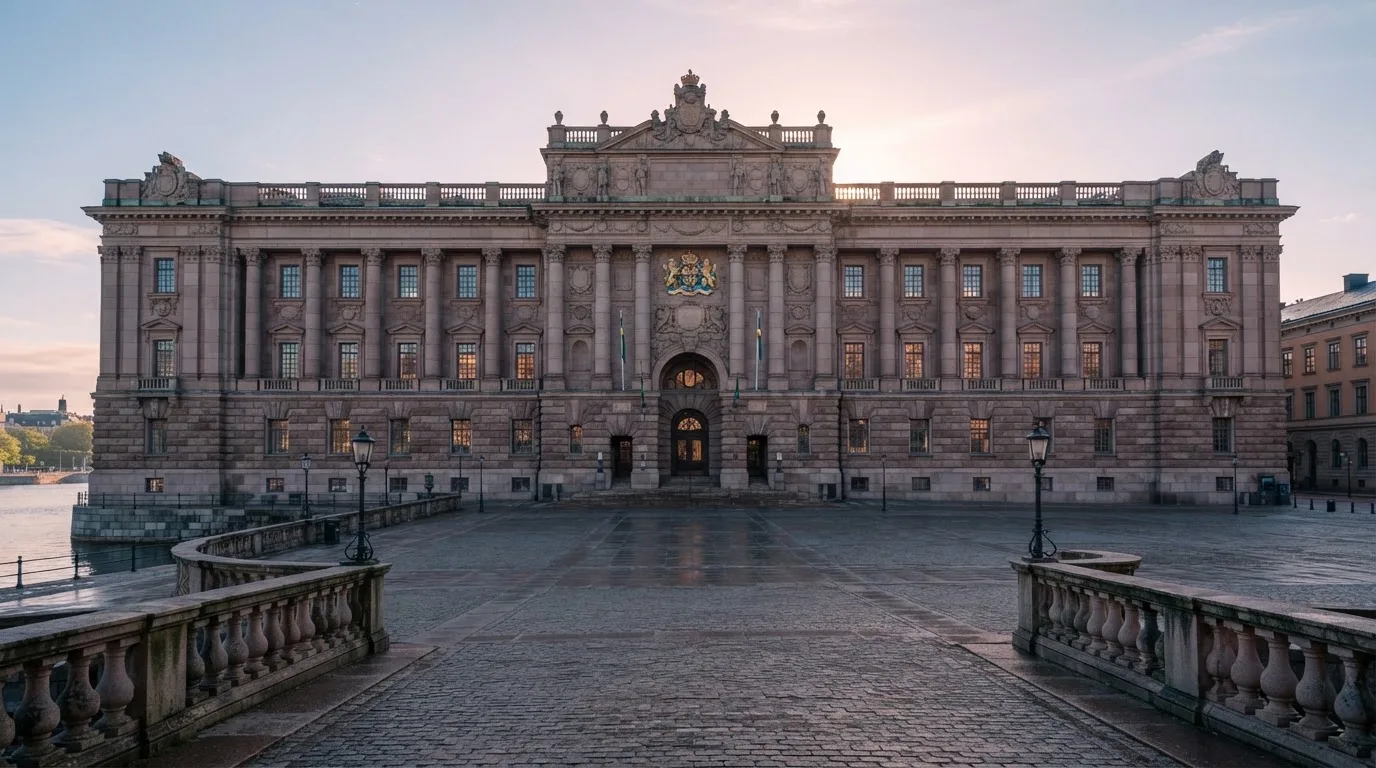 Stenfasad på en statlig byggnad i Stockholm vid gryning, höga pelare och ett tomt torg framför — 200 kr casino i sverige