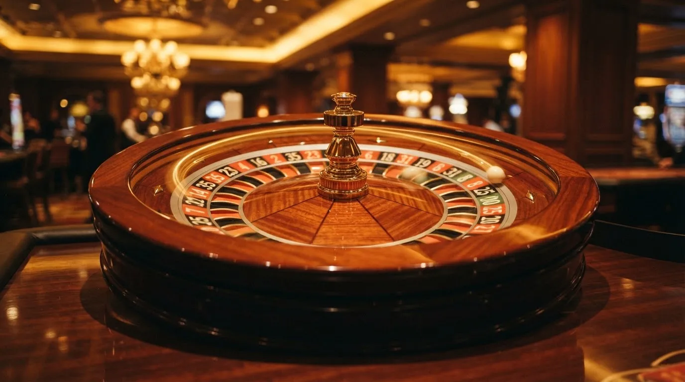 Ett roulettehjul snurrar på ett blankt träbord, den vita kulan glimmar i takljusets guld — 30 free spins casino i sverige