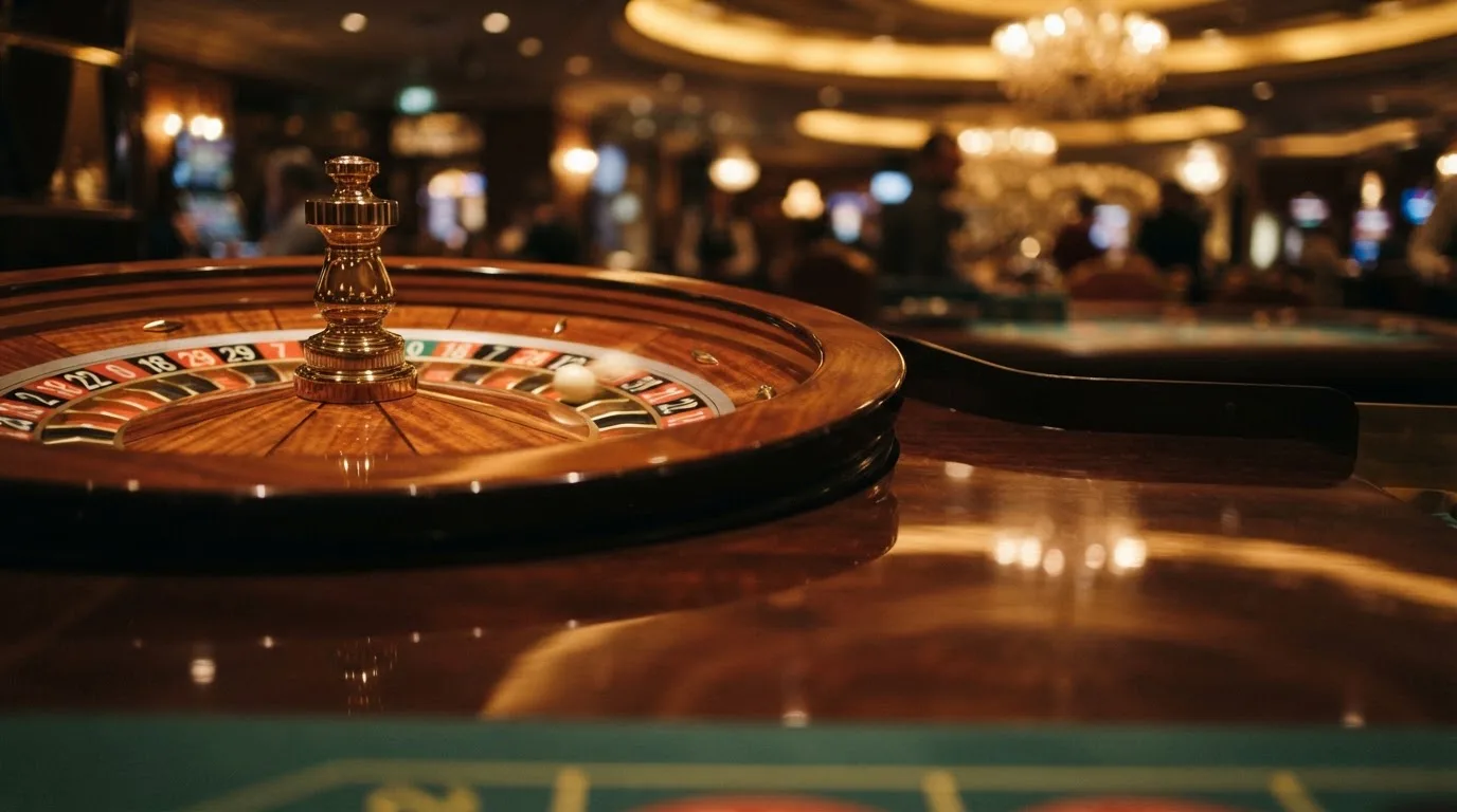 Ett roulettehjul snurrar på ett blankt träbord, den vita kulan glimmar i takljusets guld — 40 free spins casino i sverige