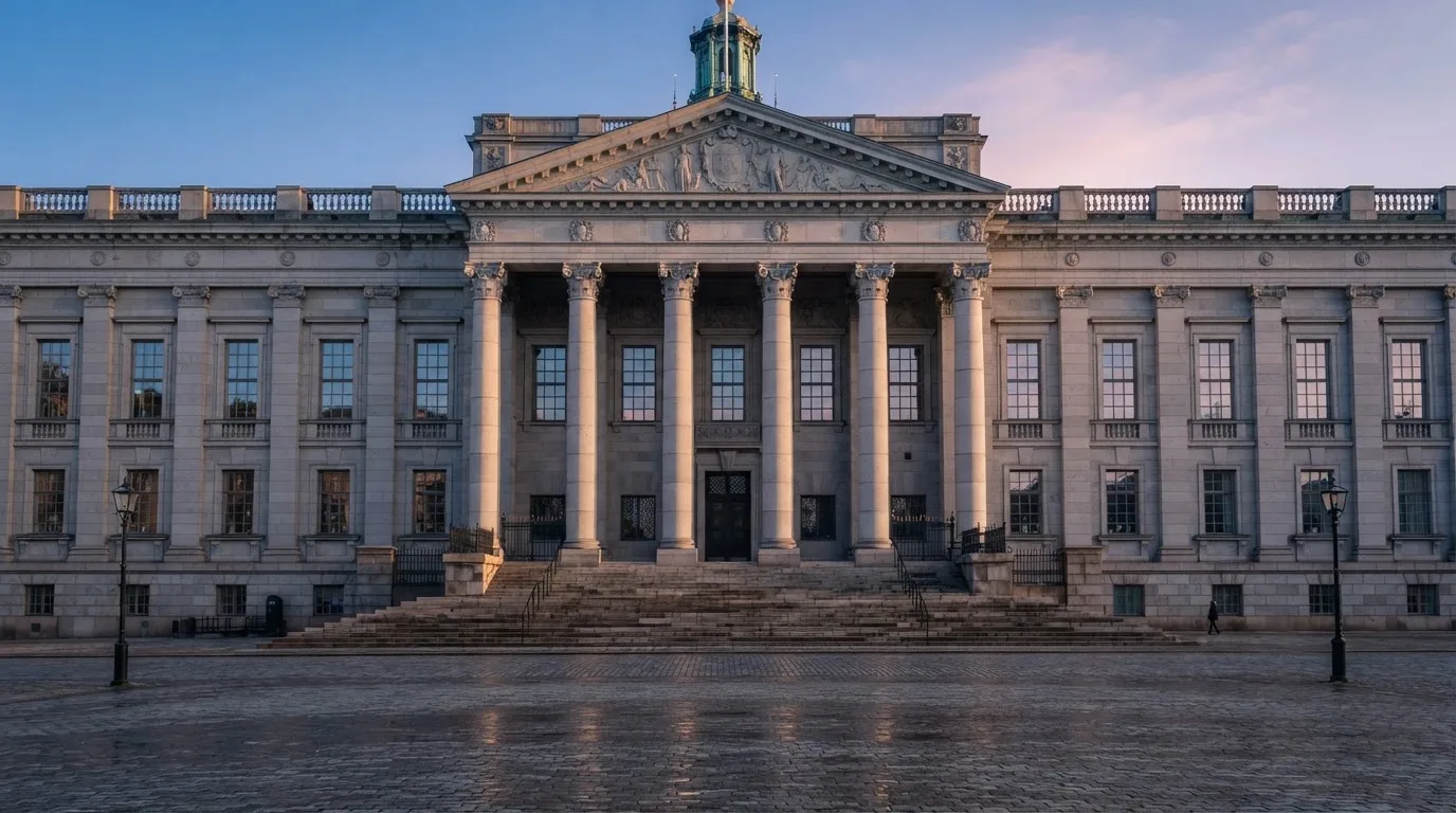 Stenfasad på en statlig byggnad i Stockholm vid gryning, höga pelare och ett tomt torg framför — 40 free spins casino i sverige