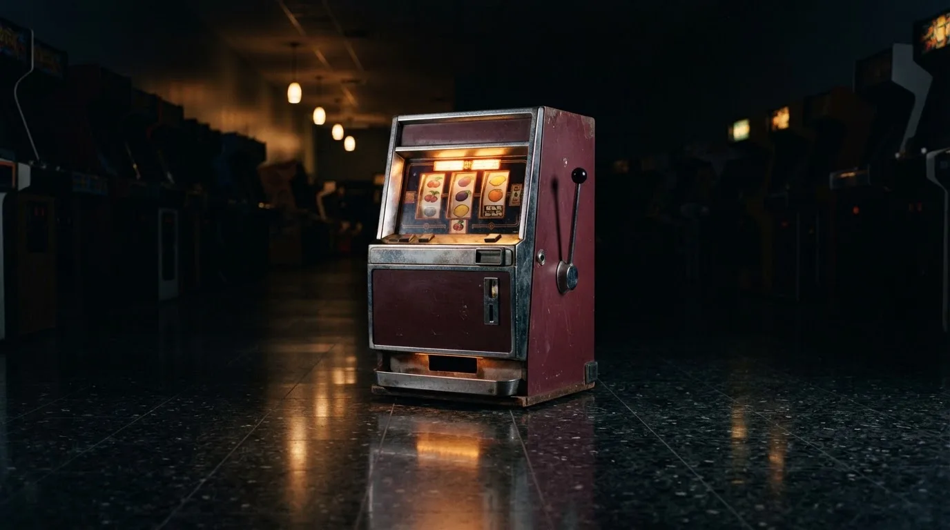 En gammal spelautomat lyser i den dunkla hallen och speglar sig i golvet — 5 euro casino i sverige