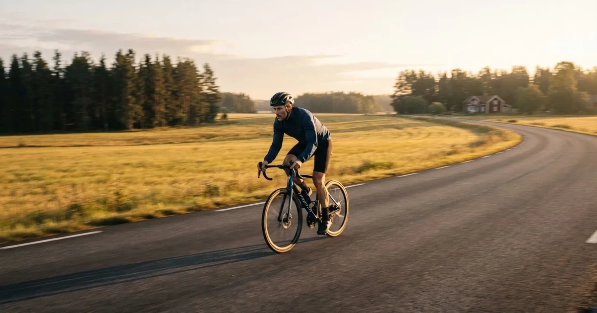 En cyklist susar längs en landsväg vid soluppgång, farten gör åkrarna suddiga i bakgrunden — 5 euro casino i sverige