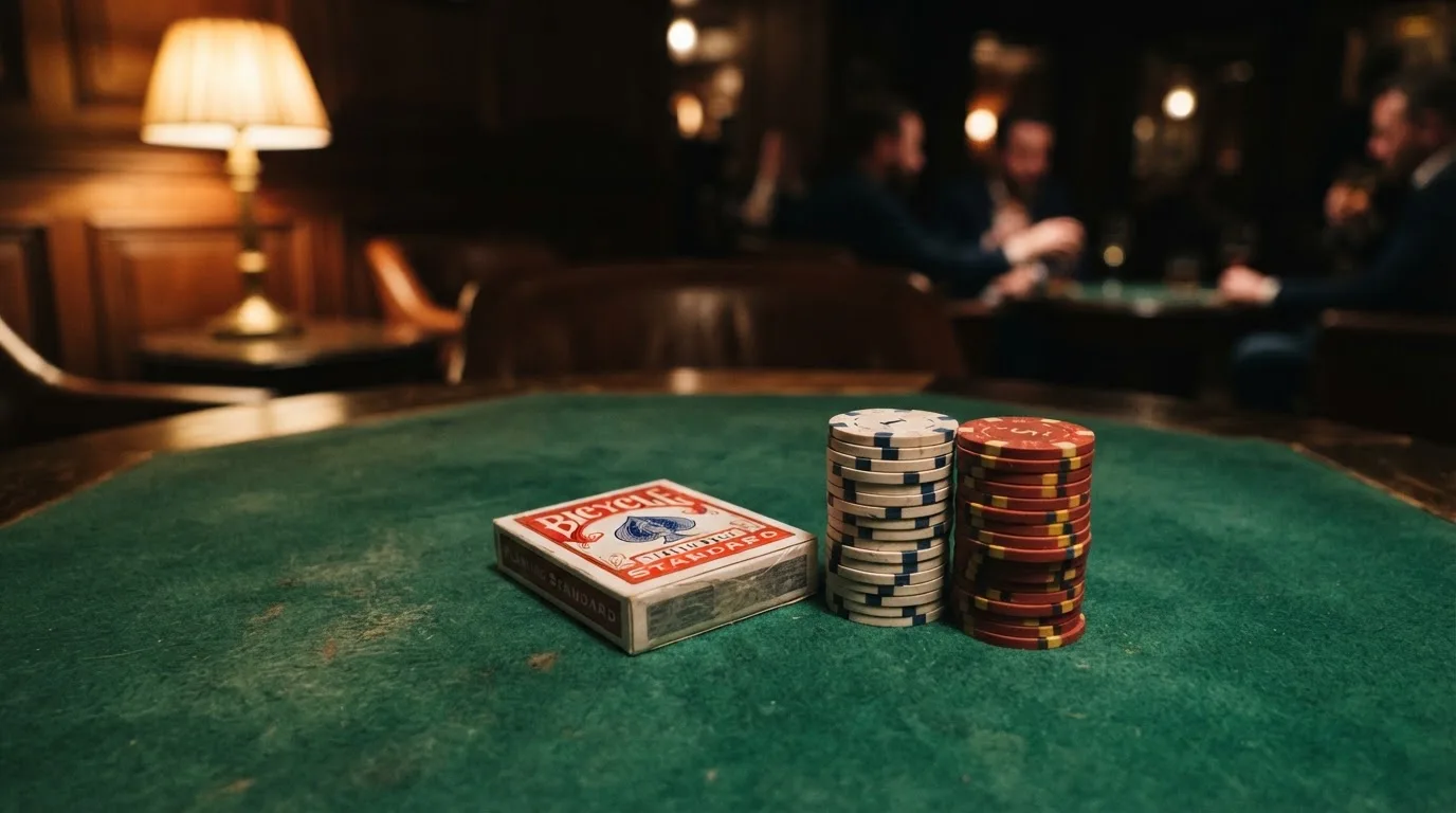 Kortlek och staplar av spelmarker på ett grönt filtbord i en dunkel salong, varmt lampsken — 50 euro casino i sverige