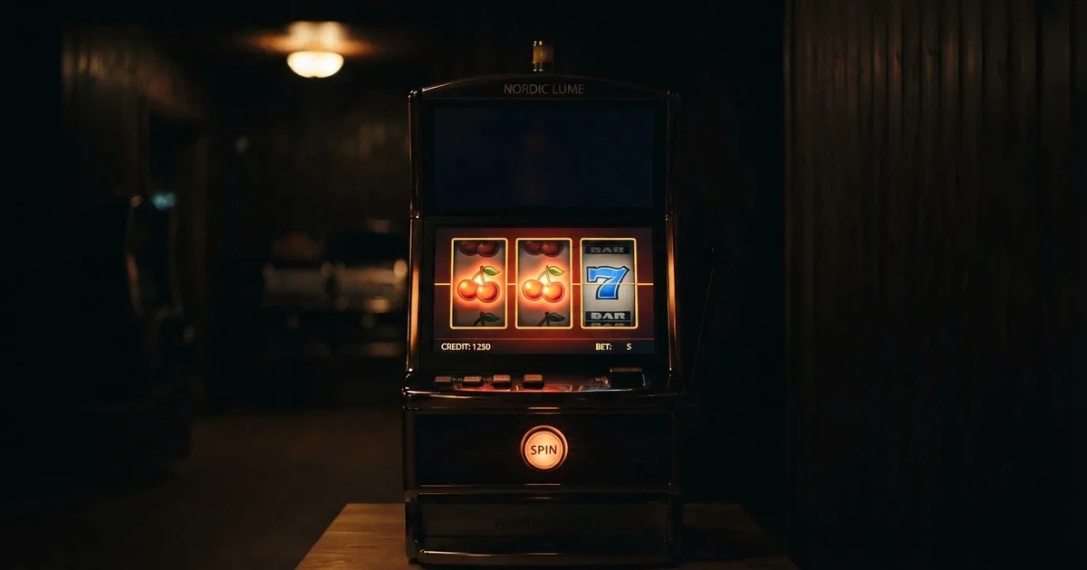 Rullarna på en spelautomat stannar i rad, klarröda körsbär lyser i den mörka spelhallen — 50 free spins casino i sverige