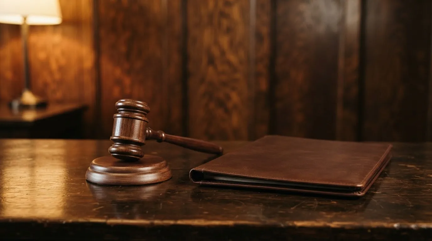 En domarklubba bredvid en sluten läderpärm på ett mörkt bord, ekpanel bakom — 50 kr casino i sverige