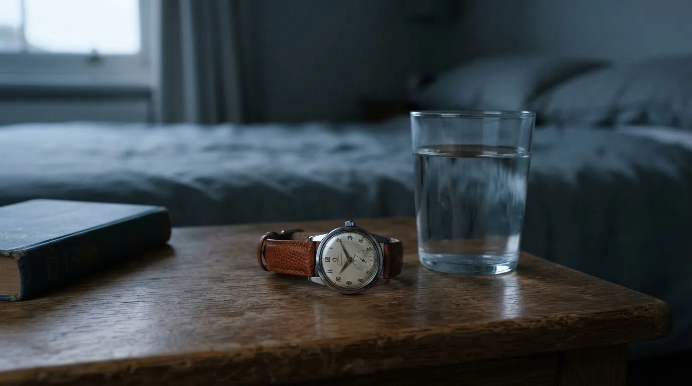 Ett armbandsur och ett glas vatten på ett nattduksbord i skymningsljus — casinon med baccarat i sverige