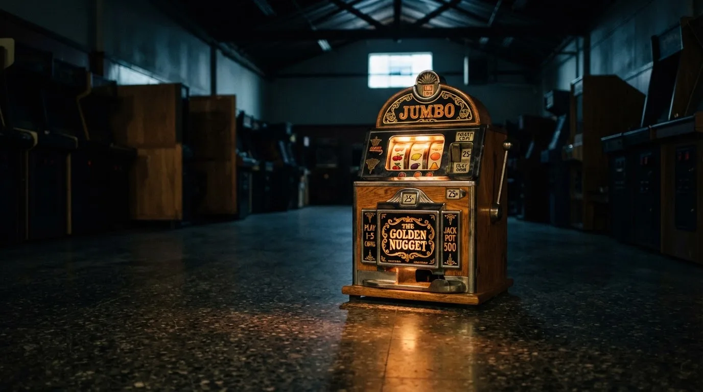 En gammal spelautomat lyser i den dunkla hallen och speglar sig i golvet — bästa kasino i sverige