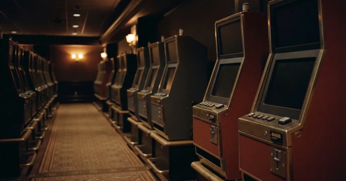 Rader av tomma spelautomater med släckta skärmar står uppställda i ett dimmat rum, fotograferat snett från sidan.