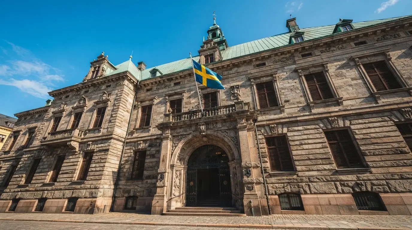 Ett gammalt stadshus i sten fotograferat underifrån mot en klarblå himmel, med den svenska flaggan som fladdrar ovanför entrén.