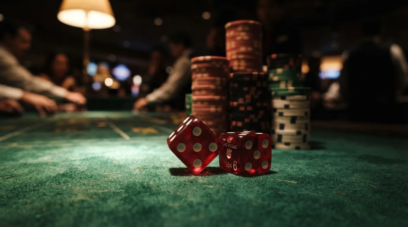 Röda tärningar vilar på grönt filt, bakom dem suddiga torn av spelmarker i kvällsdunklet — betala på casino i sverige