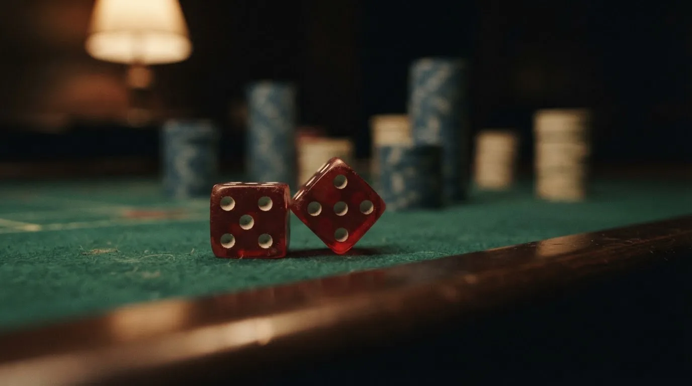 Röda tärningar vilar på grönt filt, bakom dem suddiga torn av spelmarker i kvällsdunklet — blackjack gratis i sverige