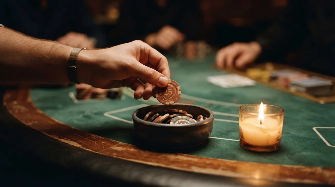 En hand lyfter en spelmark ur en skål, ljuslågan färgar bordet gyllenbrunt — blackjack med live dealer i sverige