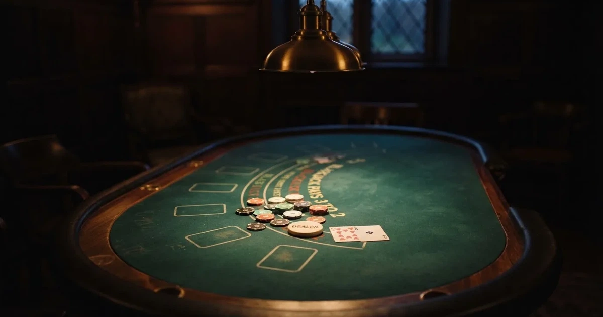 Ett ovalt pokerbord under en lågt hängande lampa, med spelmarker och en vit bricka i ljuset — blackjack med live dealer i sverige