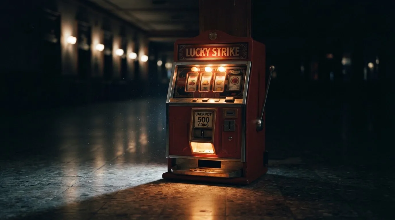 En gammal spelautomat lyser i den dunkla hallen och speglar sig i golvet — blackjack på nätet i sverige