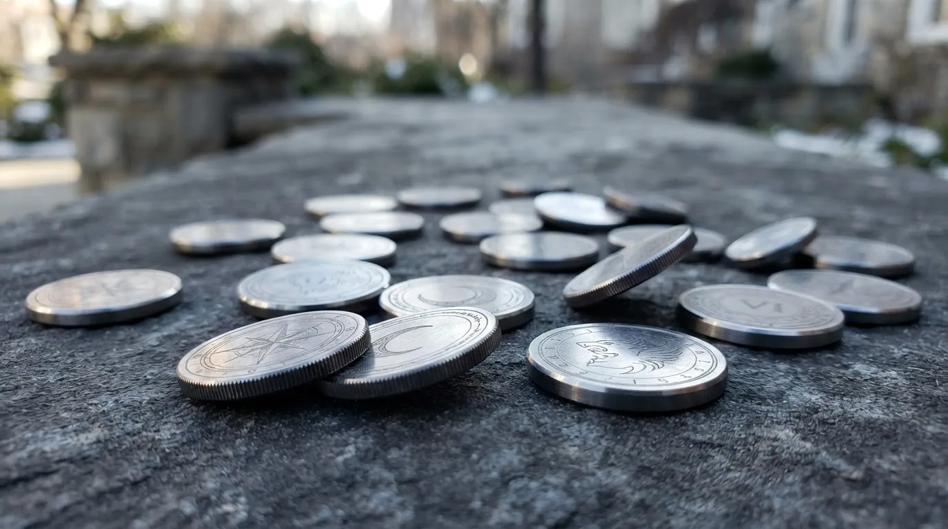 Några blanka metallmynt utspridda på en mörk stenbänk i kallt ljus — casinon med baccarat i sverige