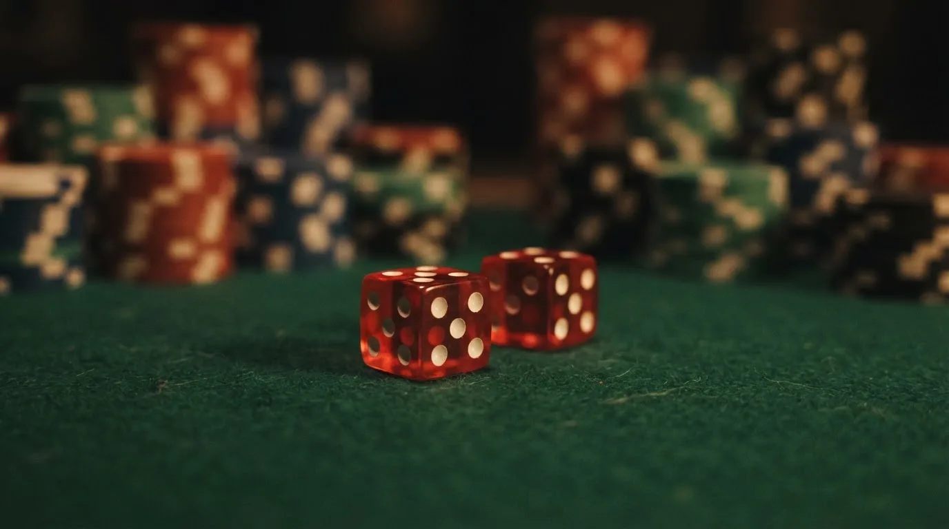 Röda tärningar vilar på grönt filt, bakom dem suddiga torn av spelmarker i kvällsdunklet — bra svenska casinon