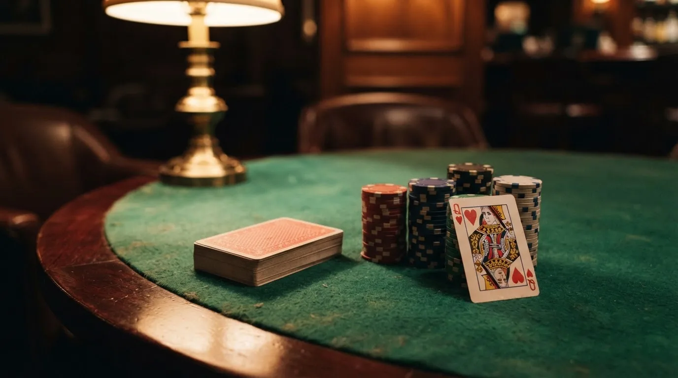 Kortlek och staplar av spelmarker på ett grönt filtbord i en dunkel salong, varmt lampsken — cashback på casino i sverige