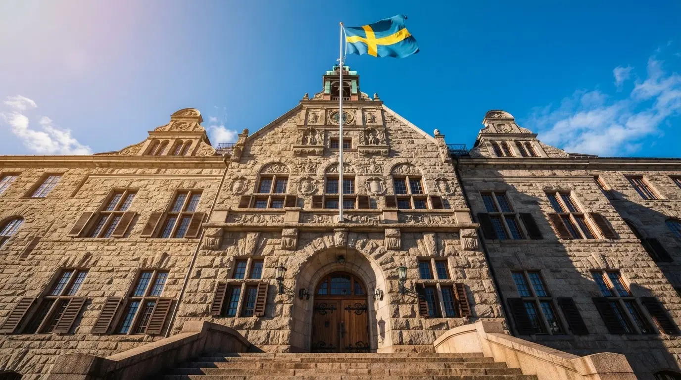 Ett gammalt stadshus i sten fotograferat underifrån mot en klarblå himmel, med den svenska flaggan som fladdrar ovanför entrén.