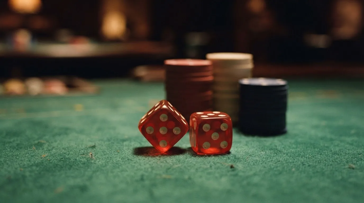 Röda tärningar vilar på grönt filt, bakom dem suddiga torn av spelmarker i kvällsdunklet — casino erbjudanden i sverige
