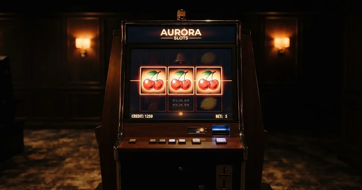 Rullarna på en spelautomat stannar i rad, klarröda körsbär lyser i den mörka spelhallen — casino erbjudanden i sverige