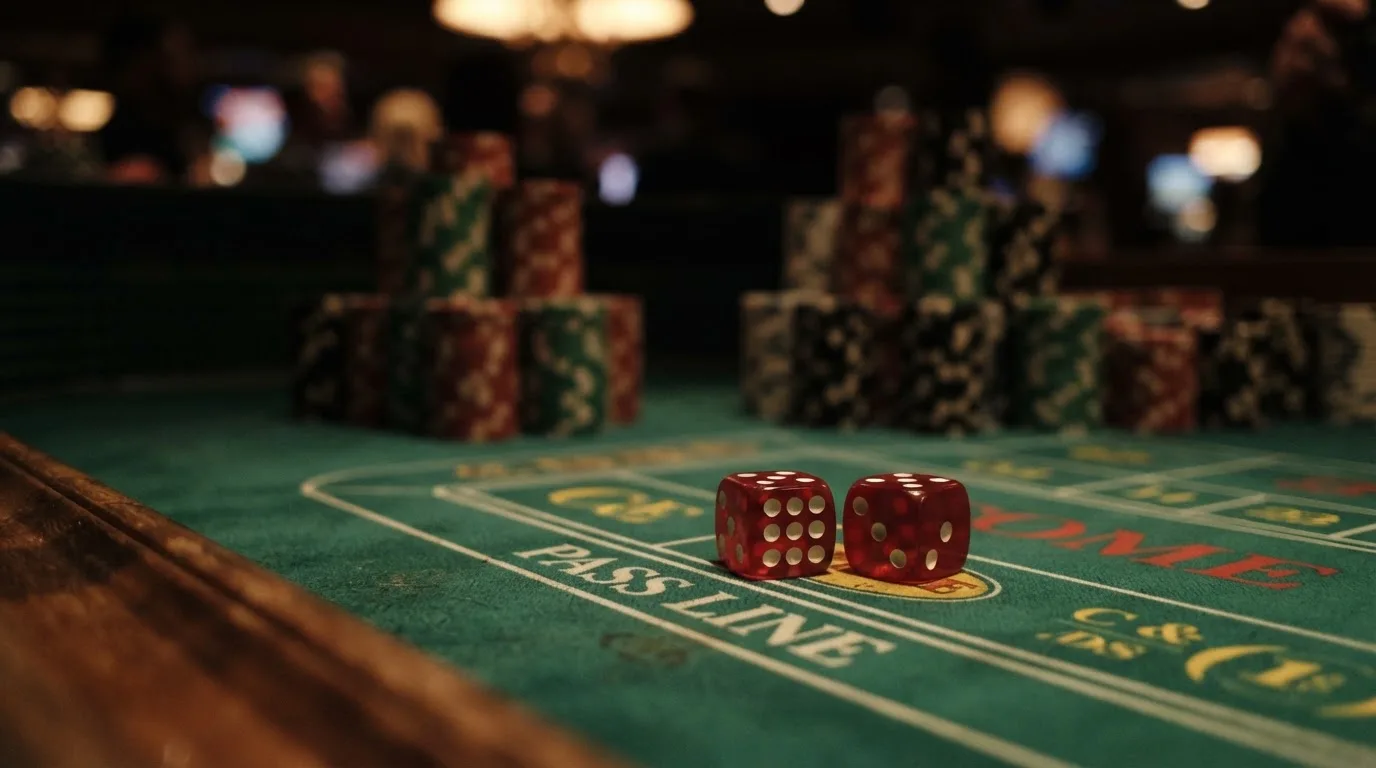 Röda tärningar vilar på grönt filt, bakom dem suddiga torn av spelmarker i kvällsdunklet — casino guider för svenskar