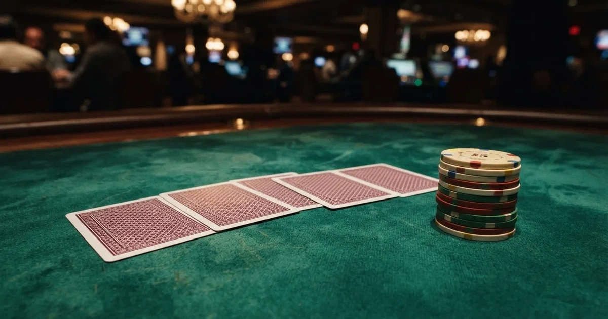 Kort delade med framsidan nedåt på grönt filt, marker väntar bredvid i varmt ljus — casino guider för svenskar