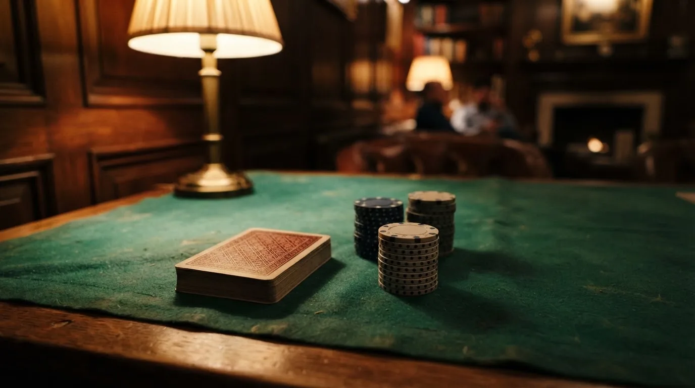 Kortlek och staplar av spelmarker på ett grönt filtbord i en dunkel salong, varmt lampsken — casinon med baccarat i sverige
