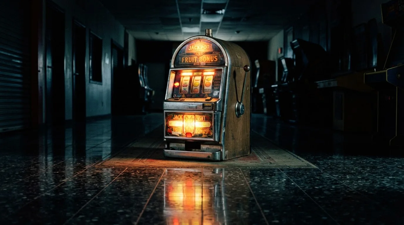 En gammal spelautomat lyser i den dunkla hallen och speglar sig i golvet — casinon med bankid i sverige