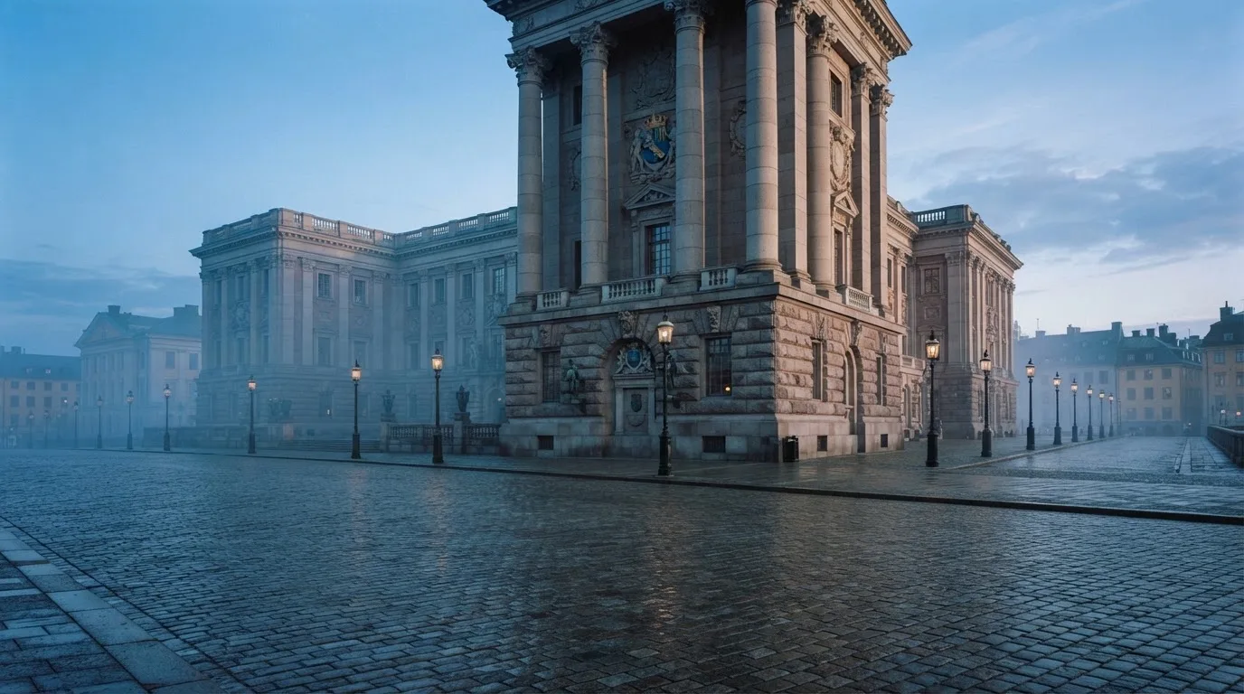 Stenfasad på en statlig byggnad i Stockholm vid gryning, höga pelare och ett tomt torg framför — casinon med bankid i sverige