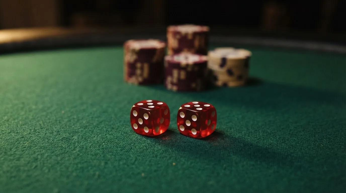 Röda tärningar vilar på grönt filt, bakom dem suddiga torn av spelmarker i kvällsdunklet — casinon med bingo i sverige