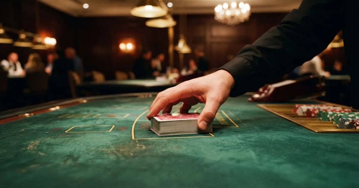 Croupierens händer blandar kort på grönt filt, taklampan speglas i den blanka kortbunten — casinon med bingo i sverige