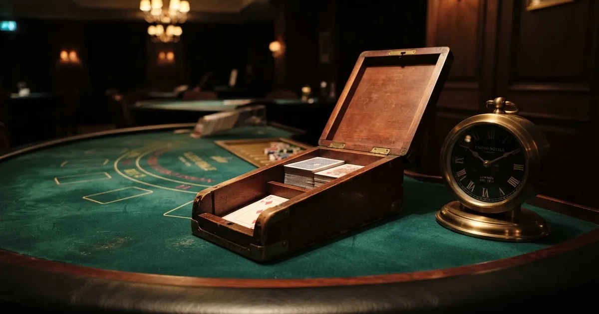 Grönt filt och en lång kortlåda av trä vid bordskanten, bredvid en blank mässingsklocka — casinon med blackjack i sverige