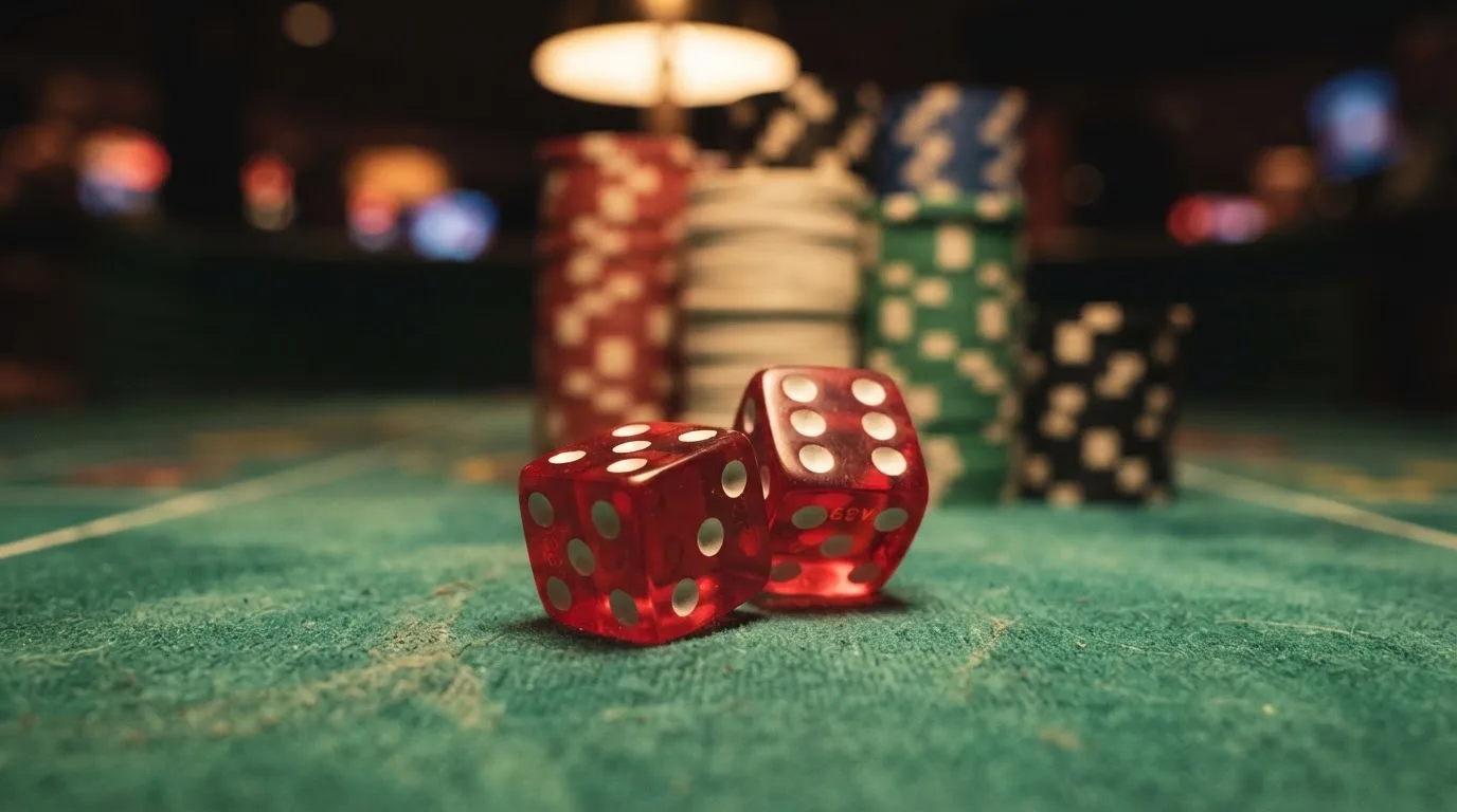 Röda tärningar vilar på grönt filt, bakom dem suddiga torn av spelmarker i kvällsdunklet — casinon med craps i sverige