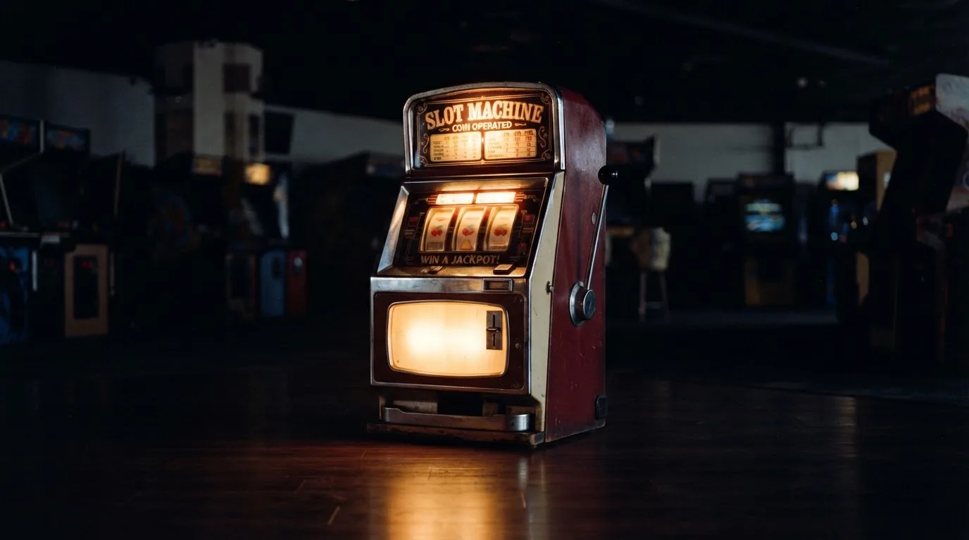 En gammal spelautomat lyser i den dunkla hallen och speglar sig i golvet — casinon med curaçao licens