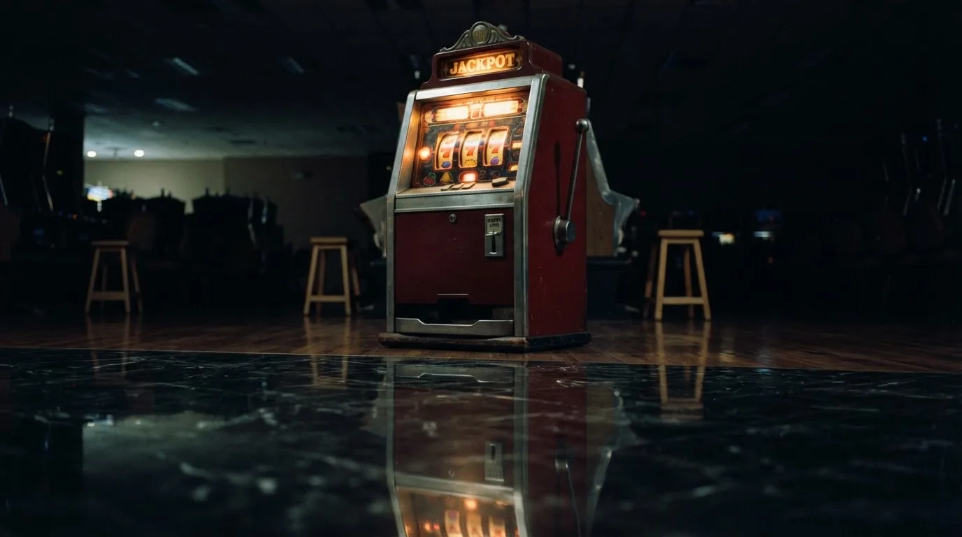 En gammal spelautomat lyser i den dunkla hallen och speglar sig i golvet — casinon med gratis spins i sverige